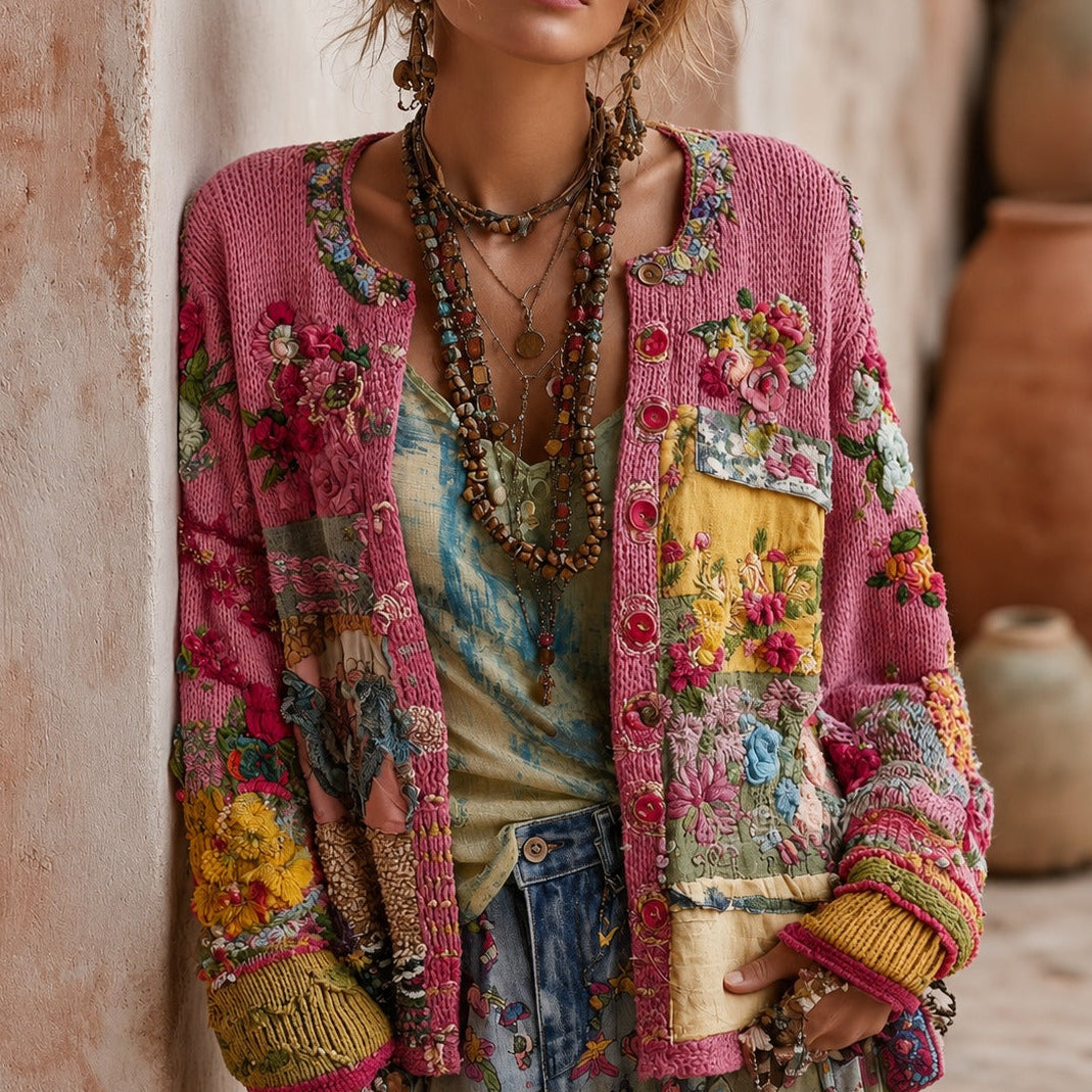 Floral Patchwork Round Neck Button Front Knit Cardigan