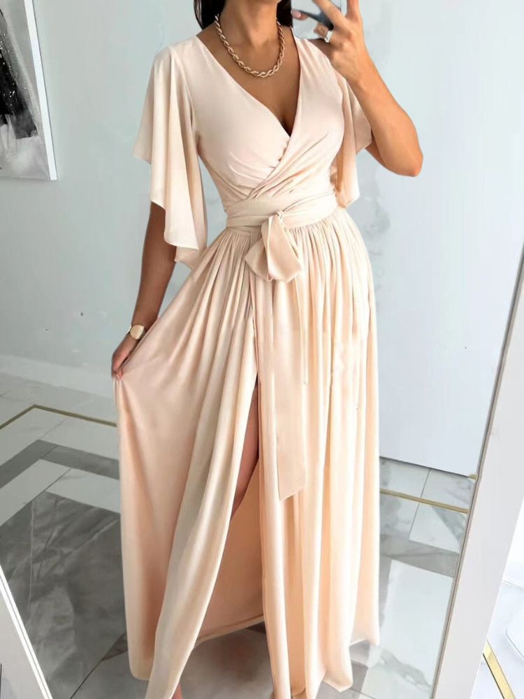 Flutter Sleeve Surplice Wrap Tie Waist High Split Maxi Gown - View 2
