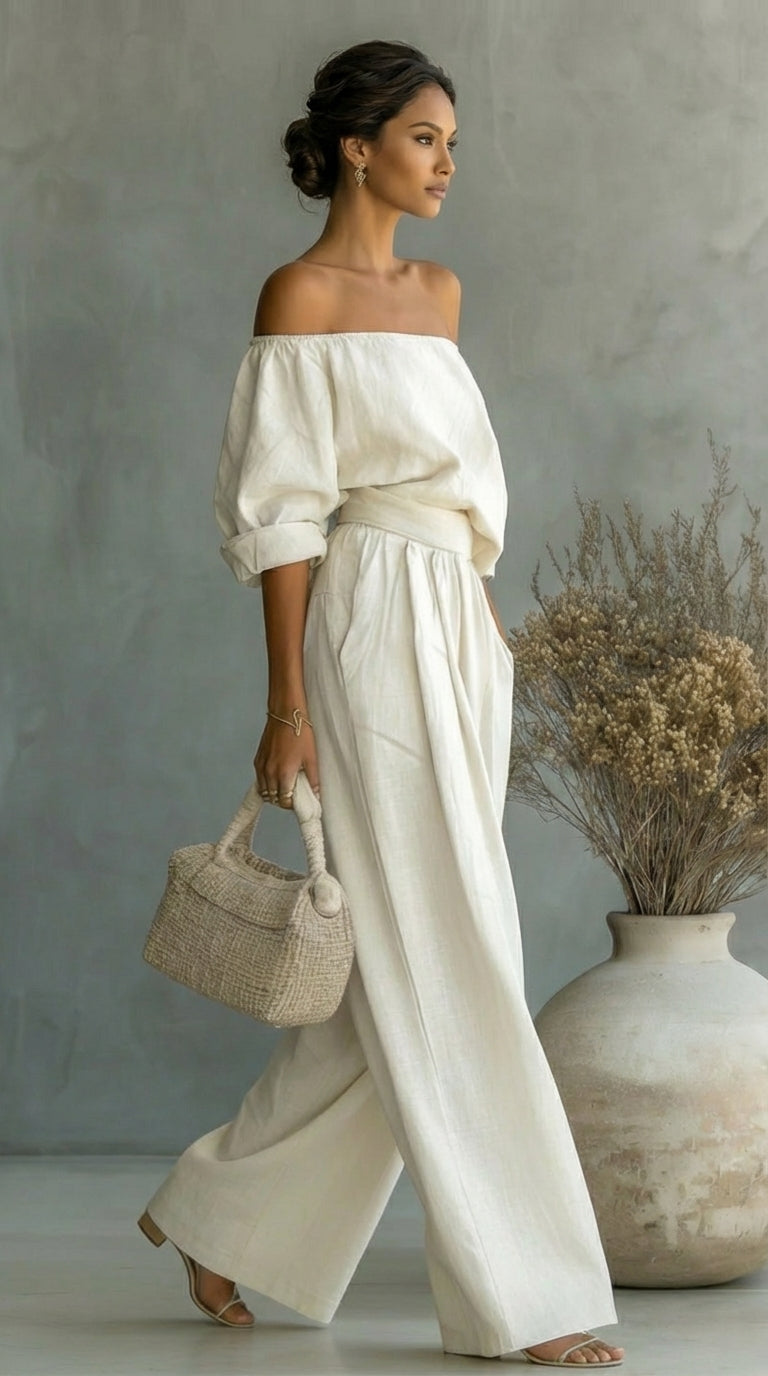 Off Shoulder Top and Wide Leg Pants Two Piece Set 5