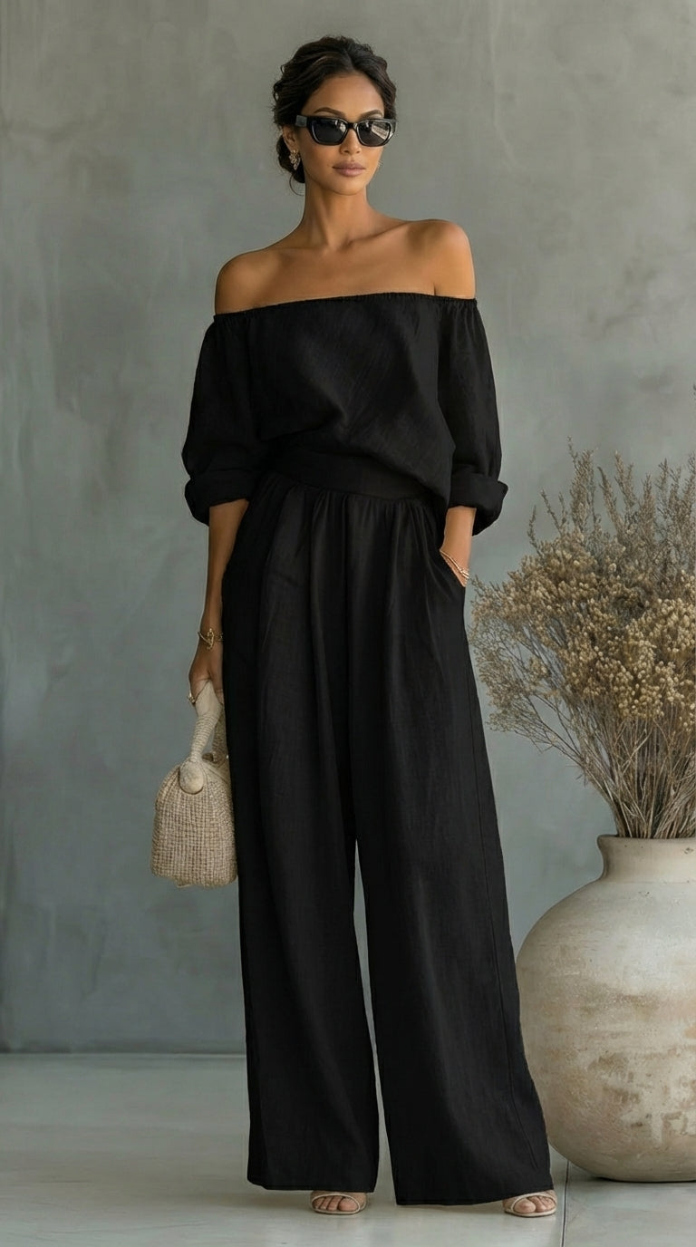 Off Shoulder Top and Wide Leg Pants Two Piece Set 4