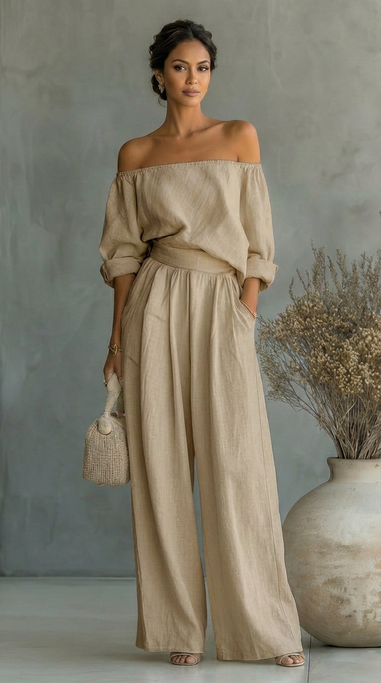 Off Shoulder Top and Wide Leg Pants Two Piece Set 3