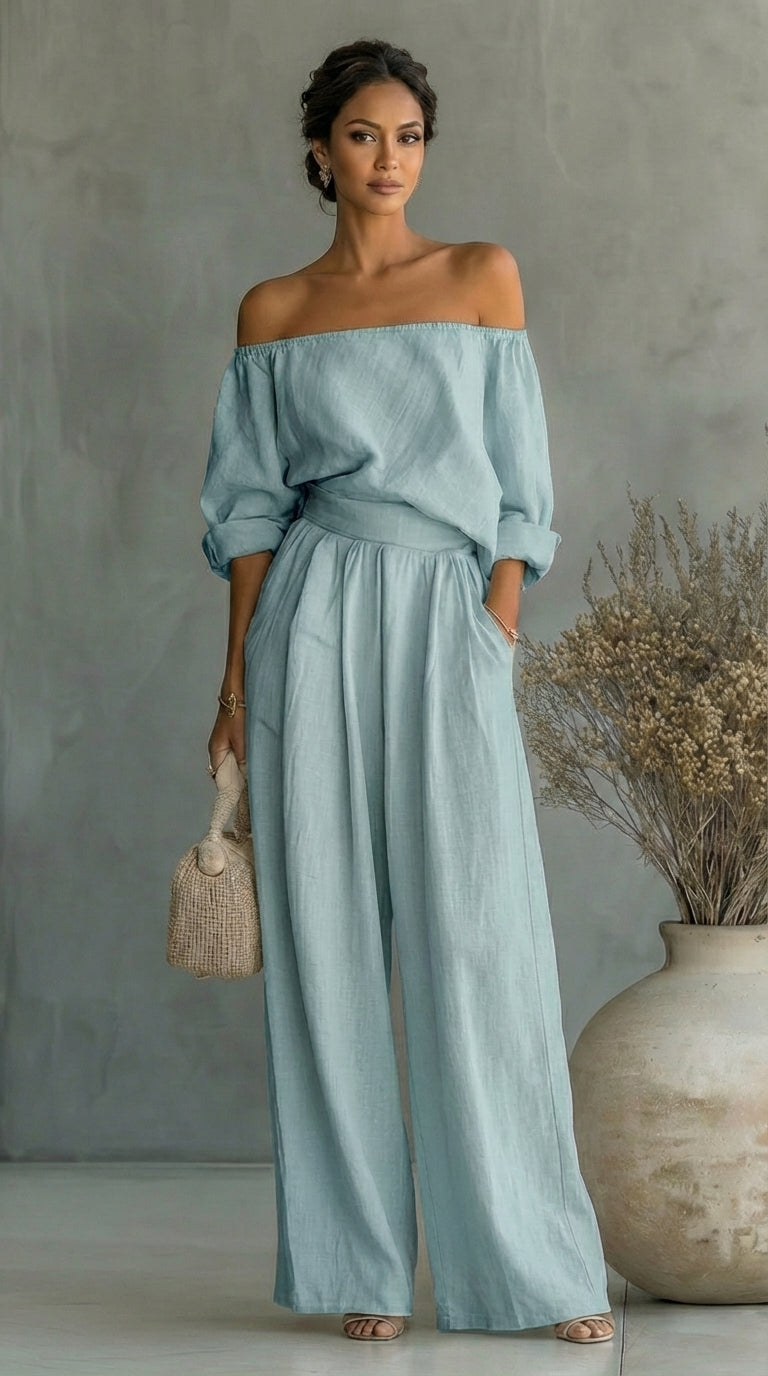 Off Shoulder Top and Wide Leg Pants Two Piece Set 2