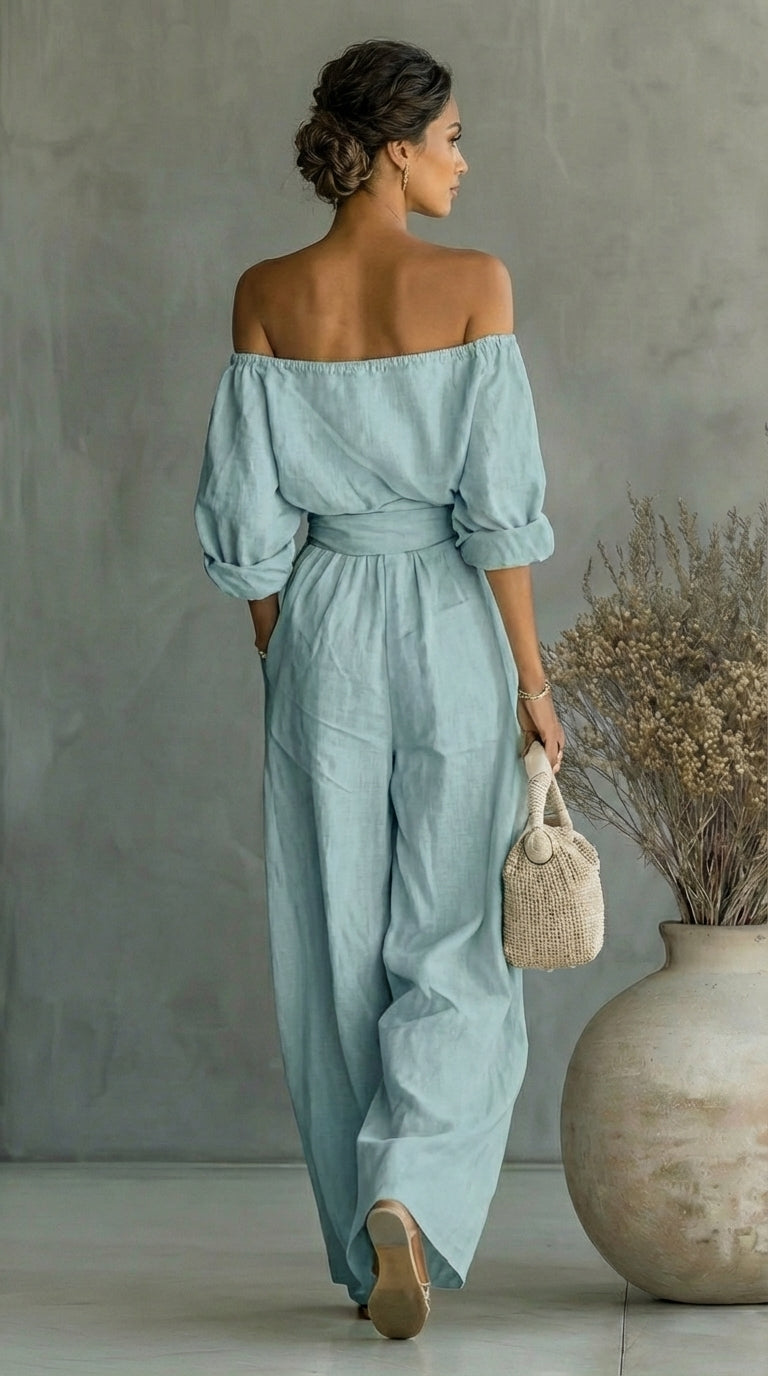 Off Shoulder Top and Wide Leg Pants Two Piece Set 7