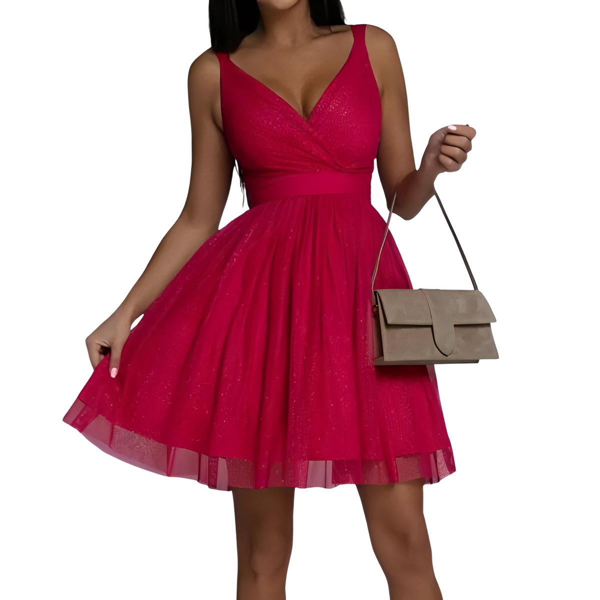 Glitter Tulle Overlay Bow Back Fit and Flare Sleeveless Mini Dress - View 5