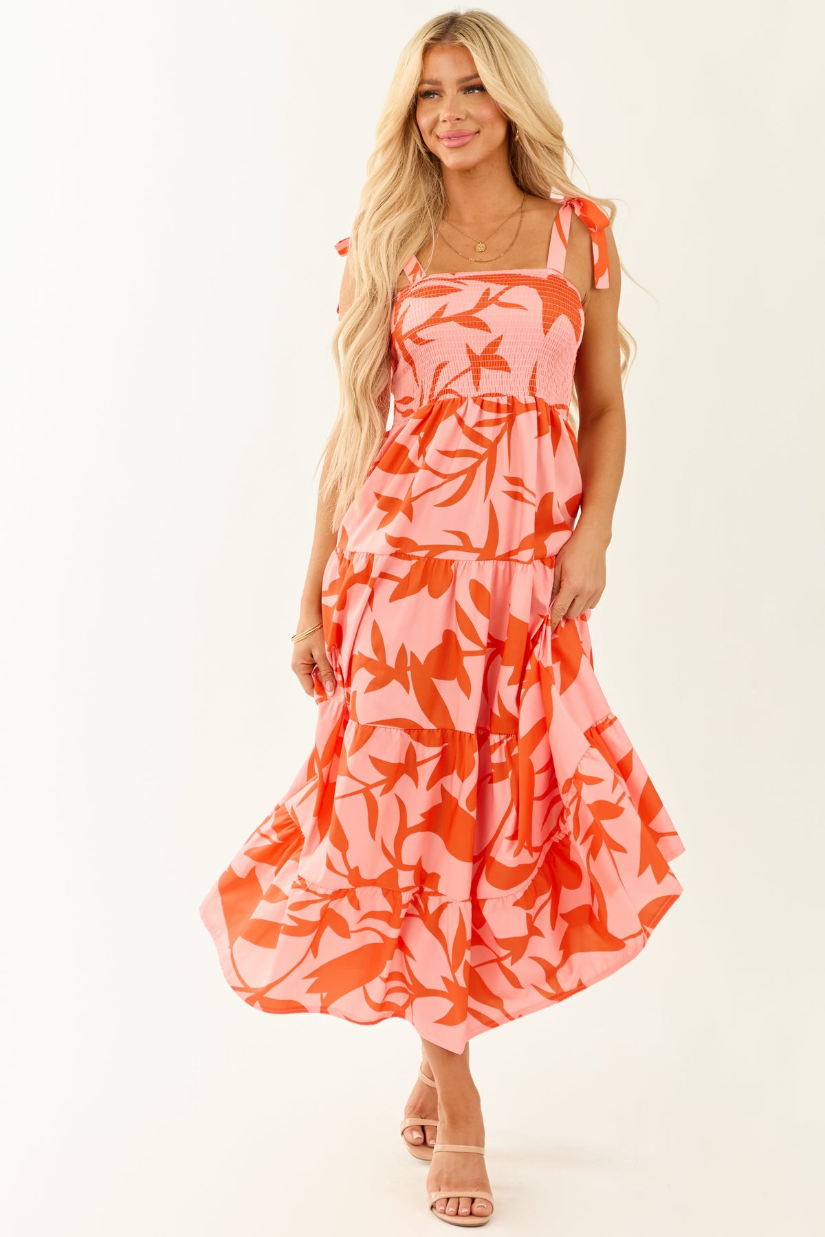 Floral Print Square Neck Smocked Tiered Midi Dress 3