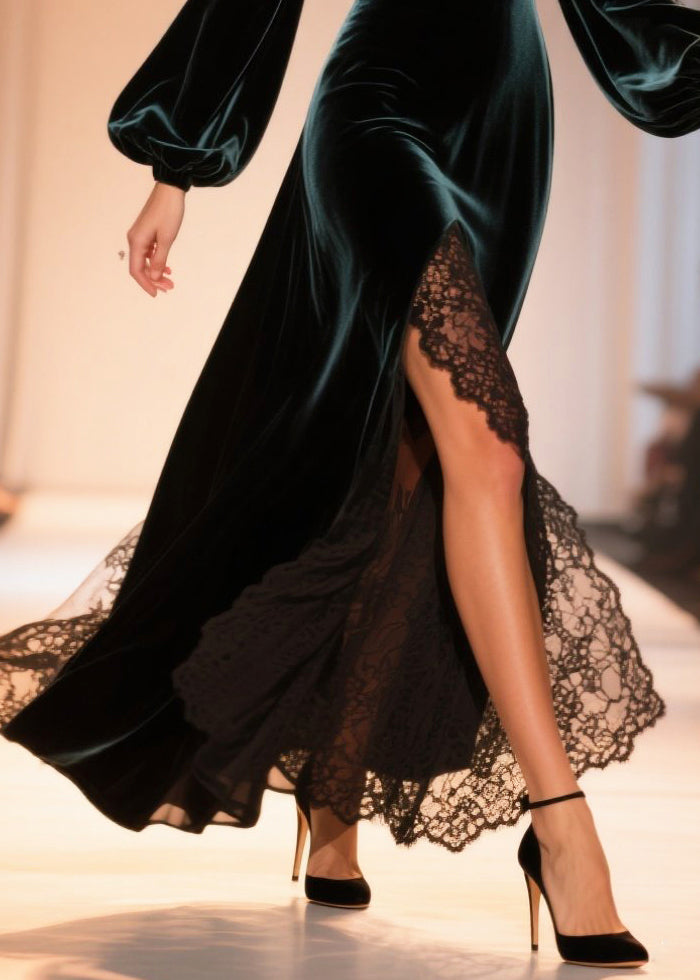 Velvet Deep V-Neck Bishop Sleeve Lace Border High Split Maxi Gown - View 4