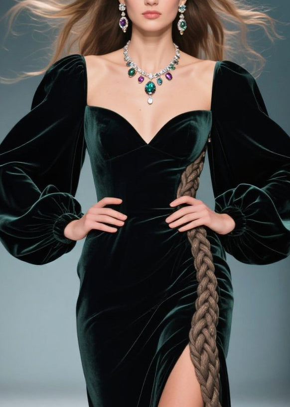 Velvet Sweetheart Bishop Sleeve Braid Trim High Split Maxi Gown - View 2