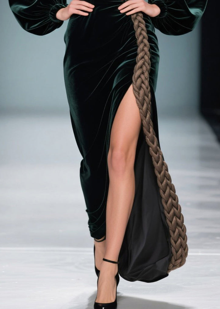 Velvet Sweetheart Bishop Sleeve Braid Trim High Split Maxi Gown - View 4