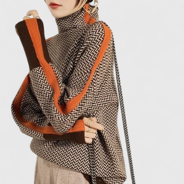 Chevron Print Turtleneck Drop Shoulder Sweater 2