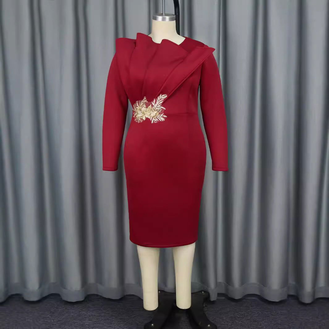 High Neck Long Sleeve Floral Embroidered Bodycon Midi Dress - View 2