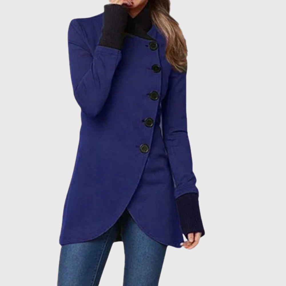Stand Collar Asymmetric Button Wrap Hem Longline Coat 2