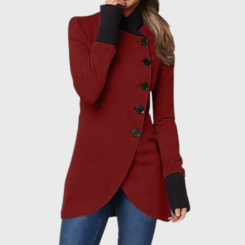 Stand Collar Asymmetric Button Wrap Hem Longline Coat 3