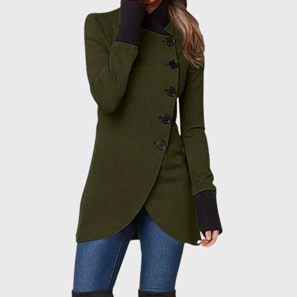 Stand Collar Asymmetric Button Wrap Hem Longline Coat 5