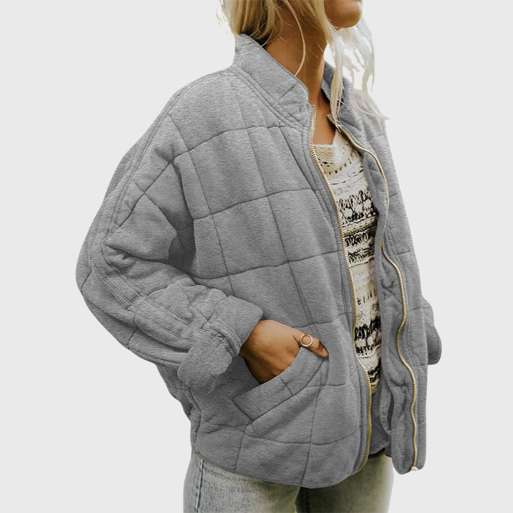 Quilted Zip Front Stand Collar Oversized Bomber Jacket 5