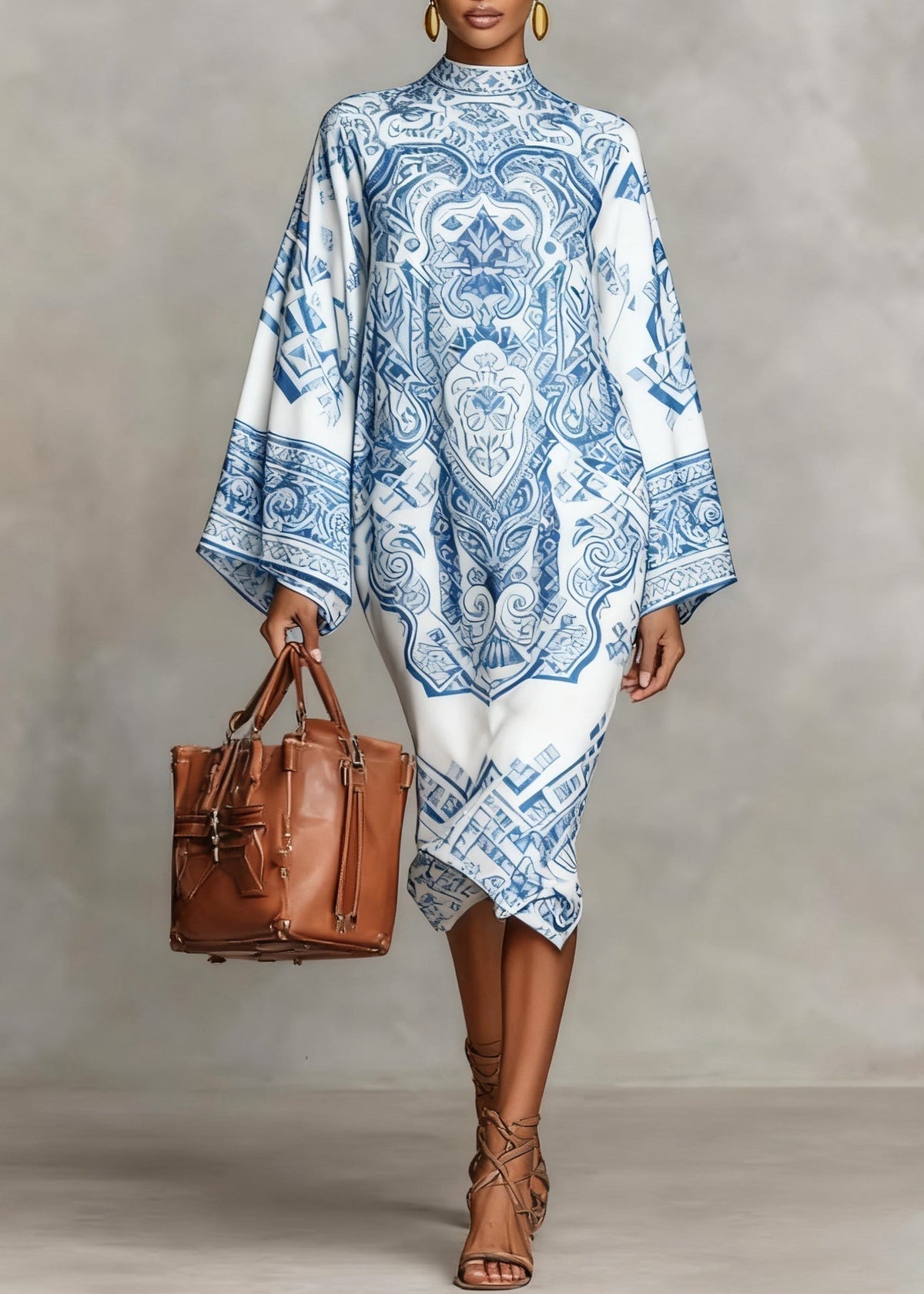 Mock Neck Bell Sleeve Tulip Hem Kaftan Midi Dress - View 2