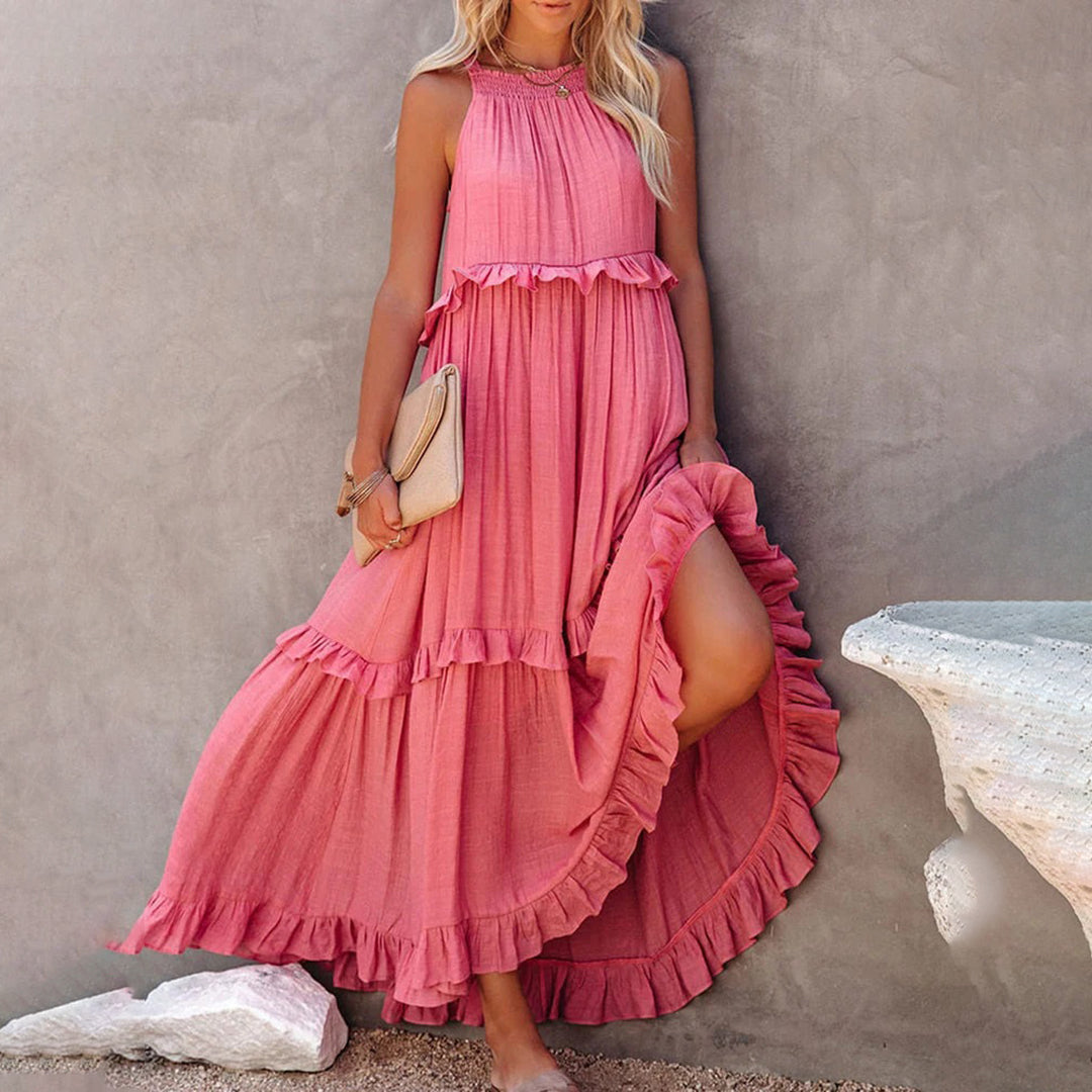 Halter Neck Shirred Tiered Ruffle Maxi Dress