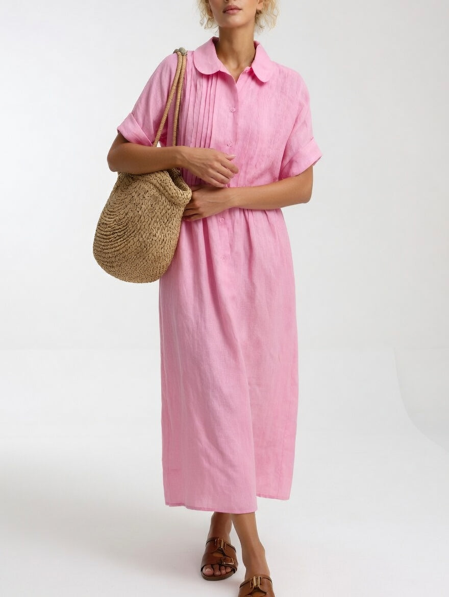 Collared Button Front Pintuck Tiered Maxi Shirt Dress 5
