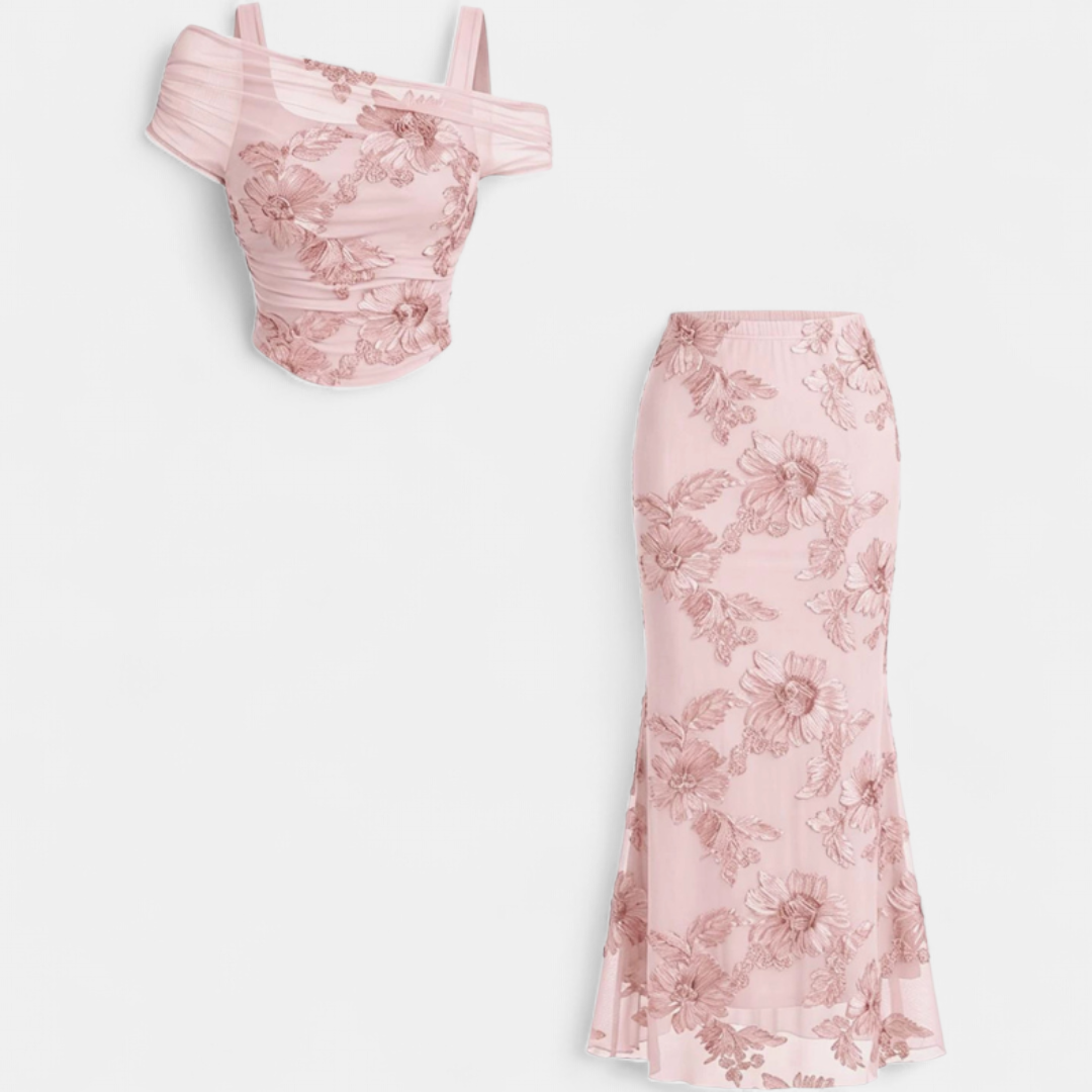 Floral Embroidered Mesh Corset Top and Mermaid Maxi Skirt Two Piece Set 3