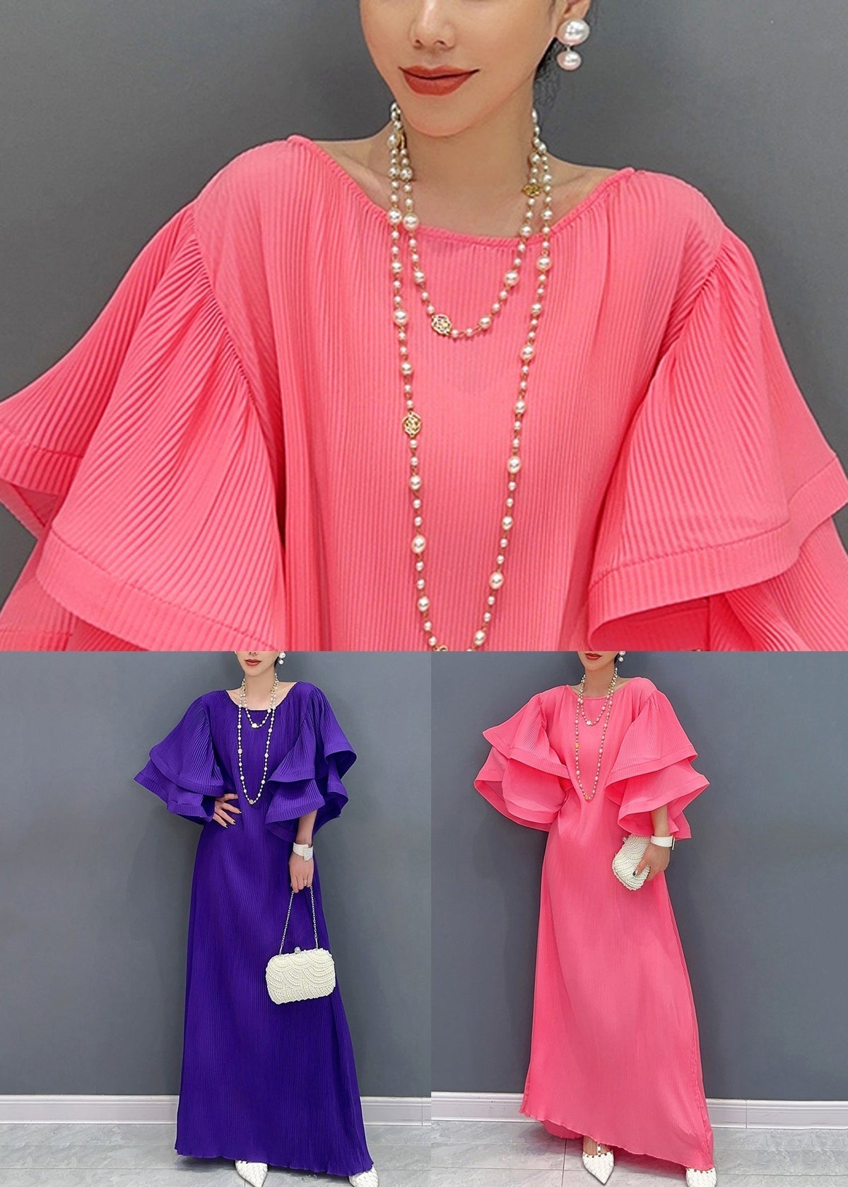 Plissé Pleated Tiered Ruffle Sleeve Maxi Gown - View 5