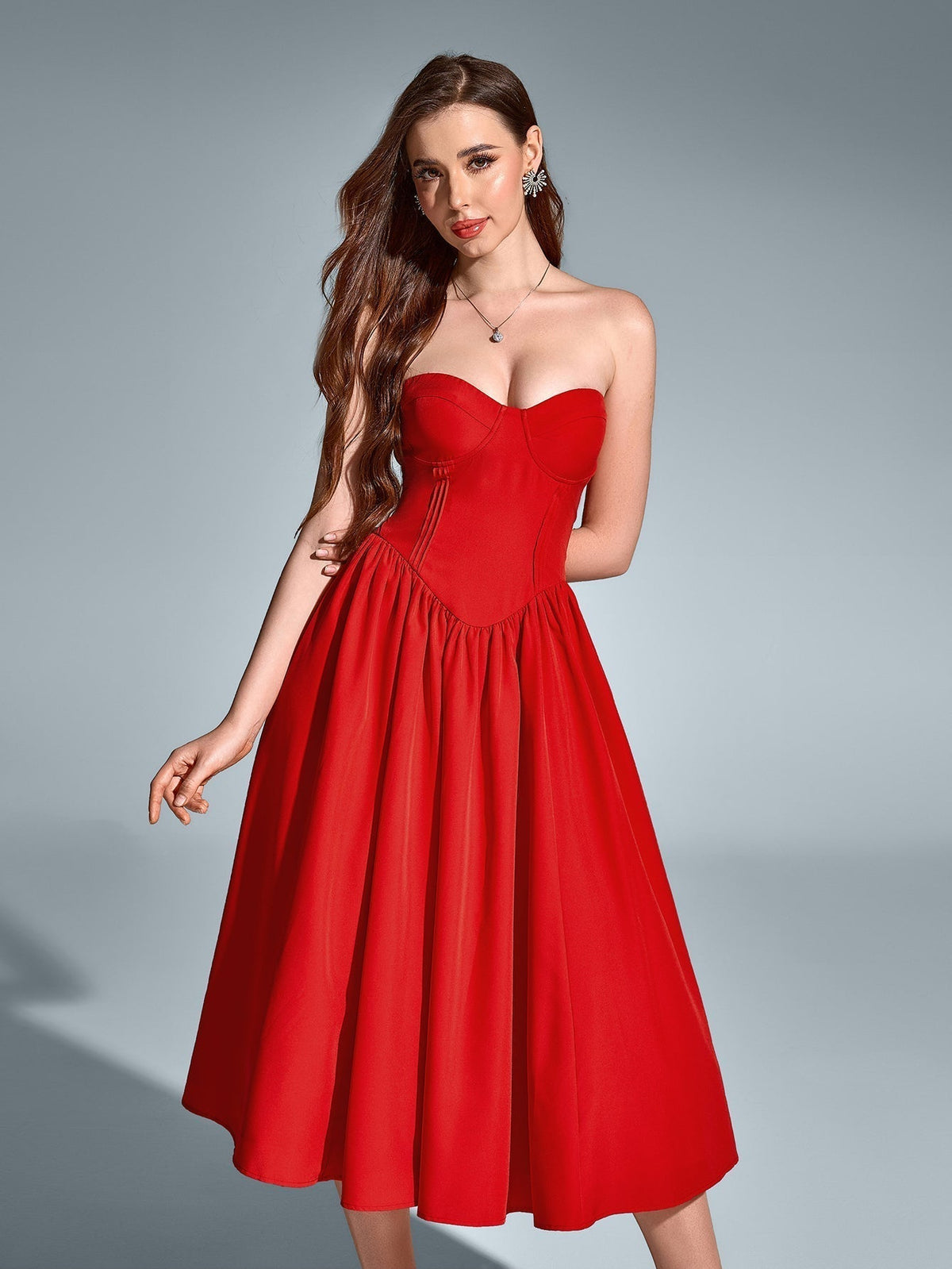 Strapless Sweetheart Corset Fit and Flare Midi Dress - View 6