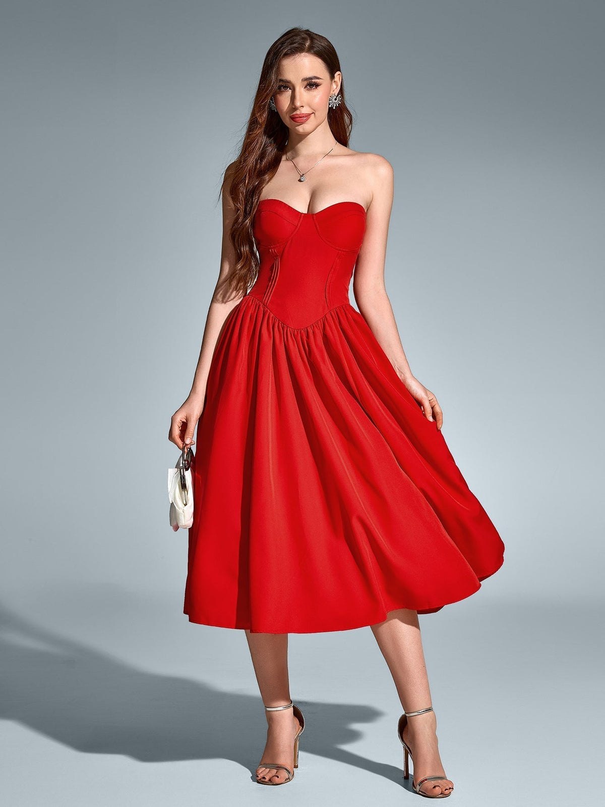 Strapless Sweetheart Corset Fit and Flare Midi Dress - View 5