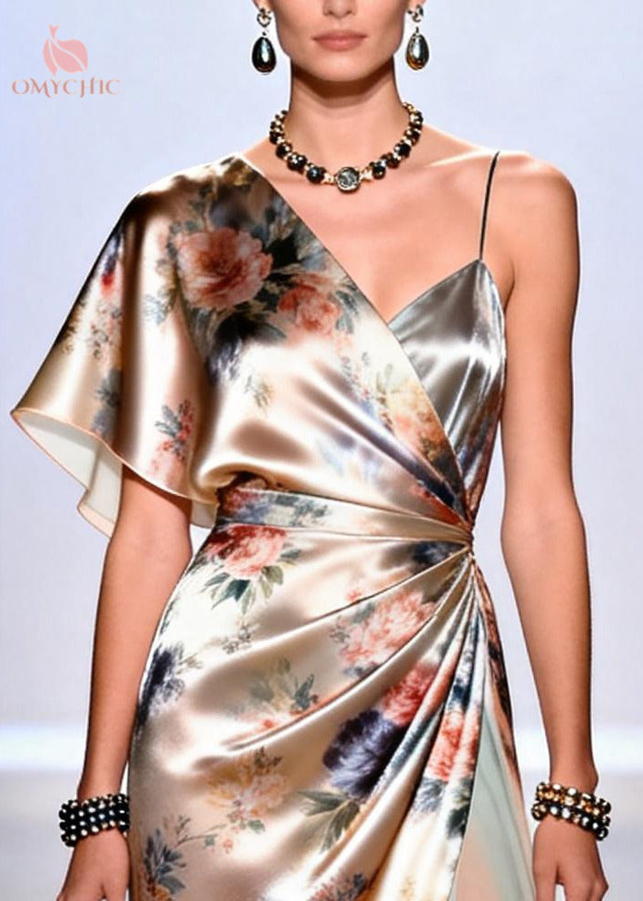 Floral One Shoulder Flutter Sleeve Ruched Wrap Satin Midi Dress - View 2