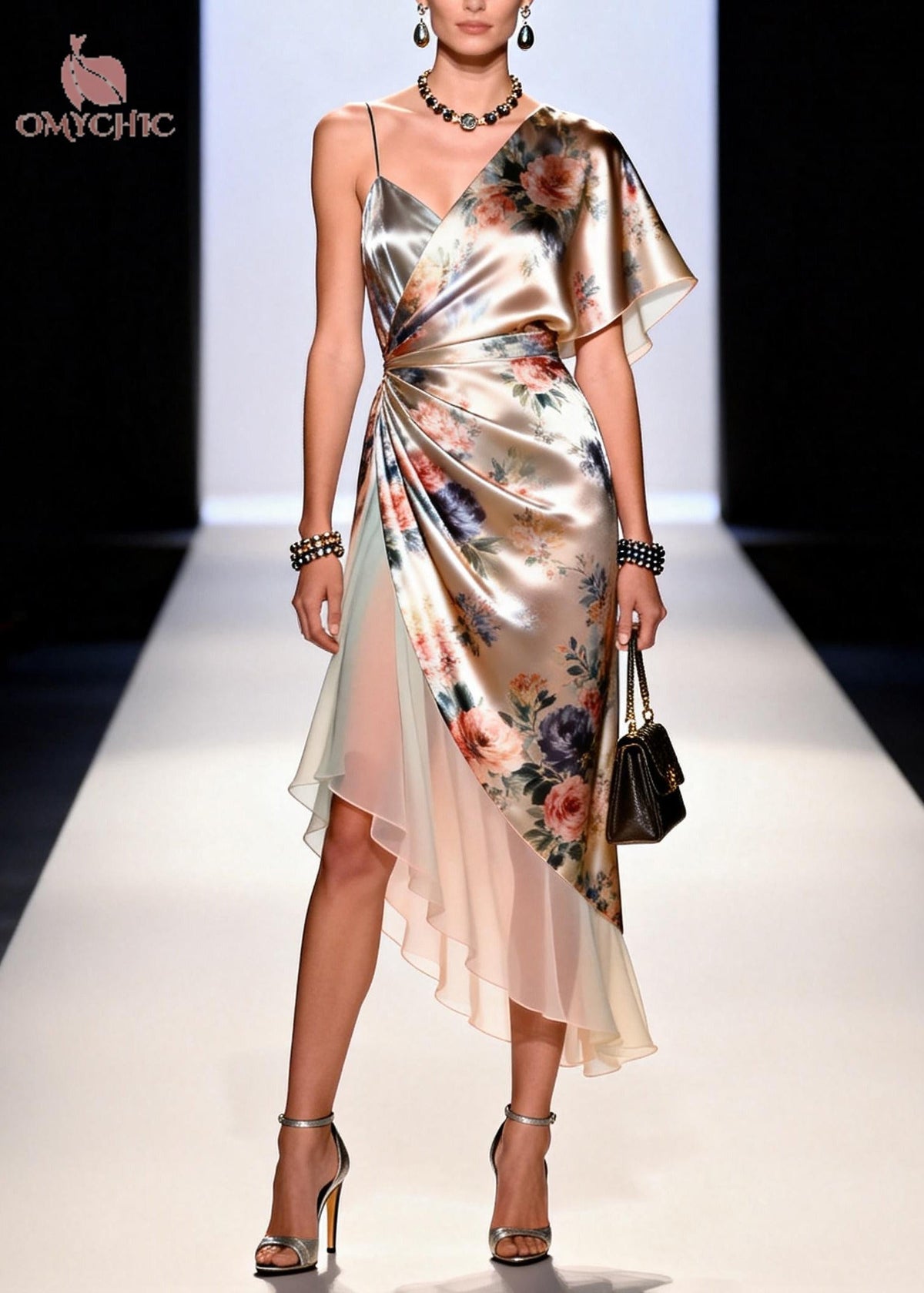 Floral One Shoulder Flutter Sleeve Ruched Wrap Satin Midi Dress - View 3