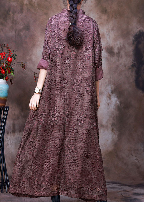 Floral Lace Embroidered Collar Deep V-Neck Long Sleeve Maxi Dress - View 4