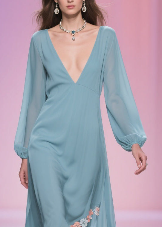 Chiffon Deep V-Neck Long Sleeve Floral Applique High Low Midi Dress - View 2