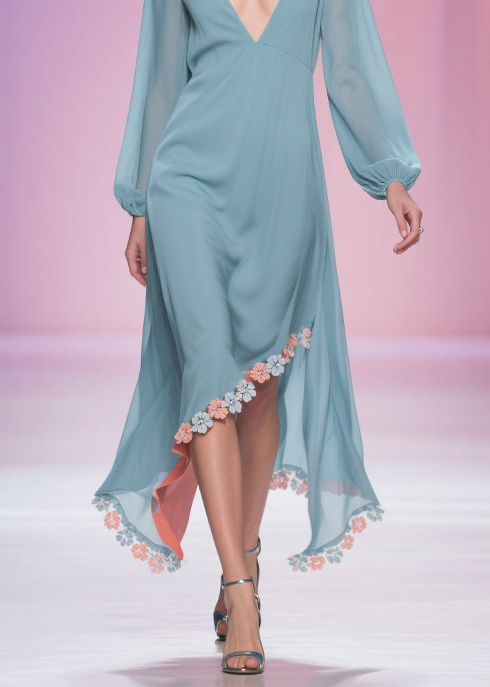 Chiffon Deep V-Neck Long Sleeve Floral Applique High Low Midi Dress - View 4
