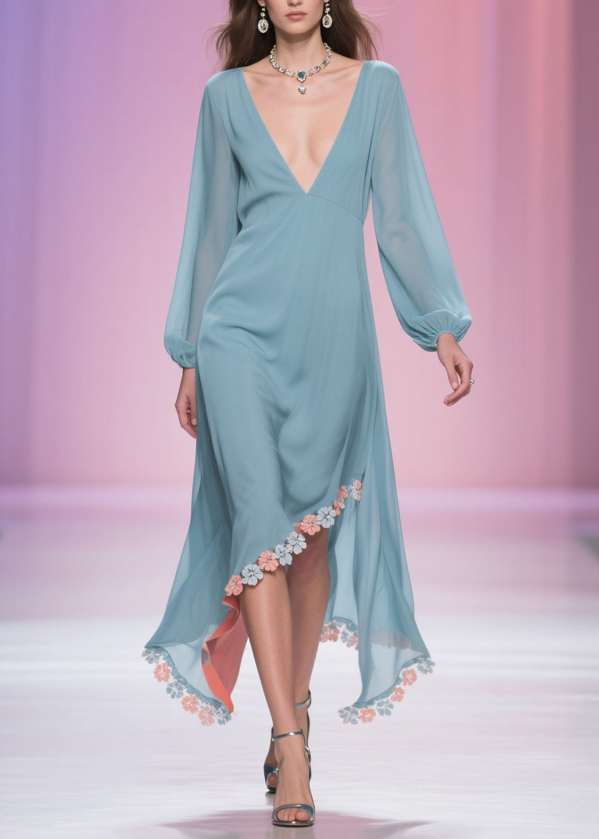 Chiffon Deep V-Neck Long Sleeve Floral Applique High Low Midi Dress - View 5