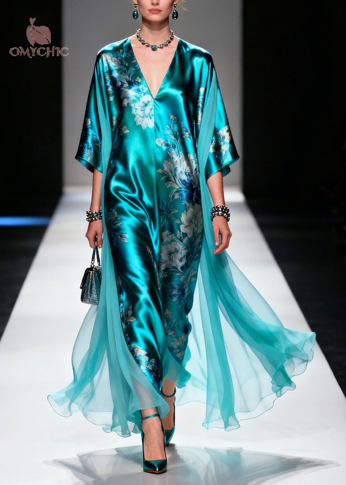 Floral Deep V-Neck Batwing Sleeve Satin Chiffon Kaftan Maxi Dress - View 3