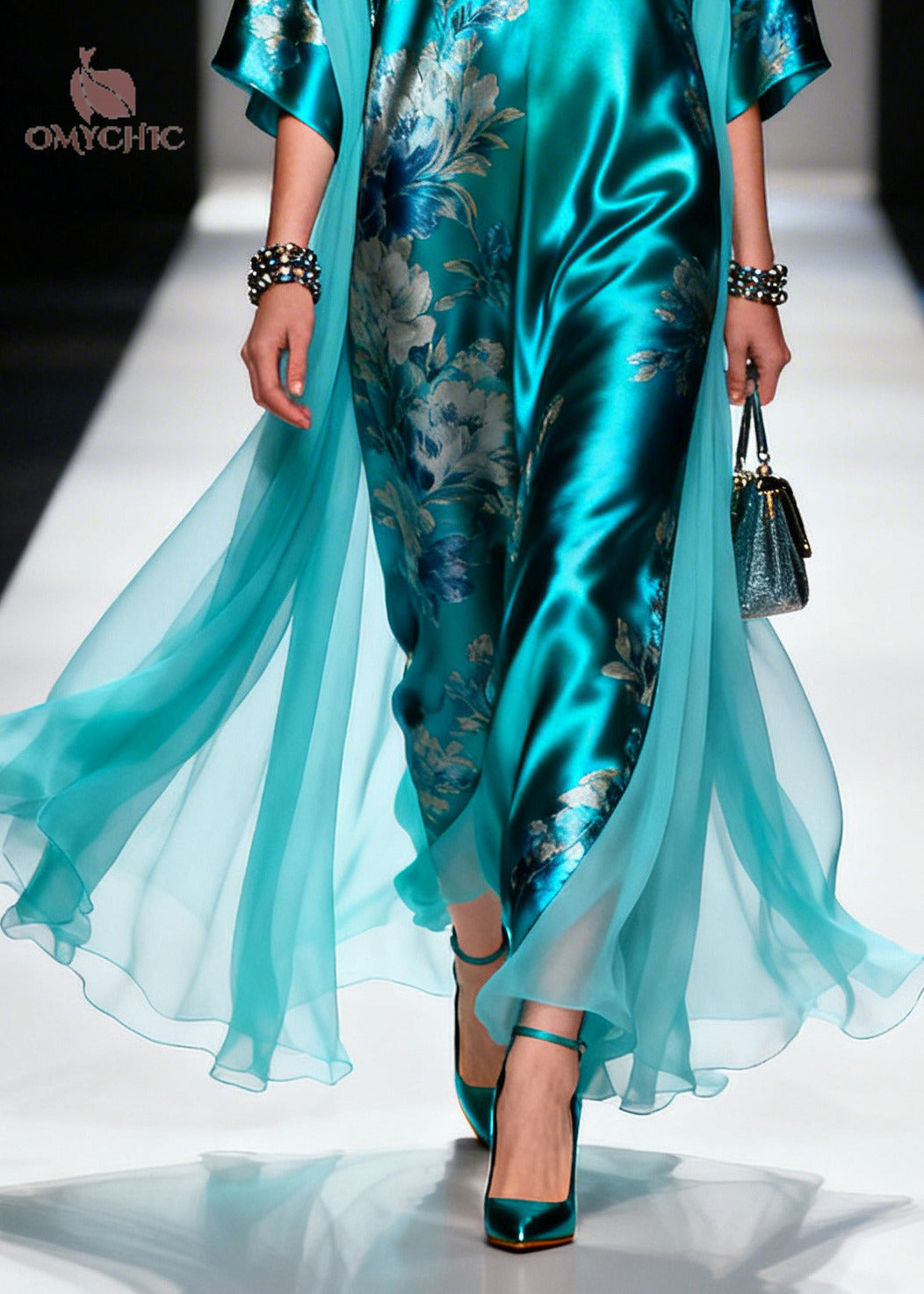 Floral Deep V-Neck Batwing Sleeve Satin Chiffon Kaftan Maxi Dress - View 2