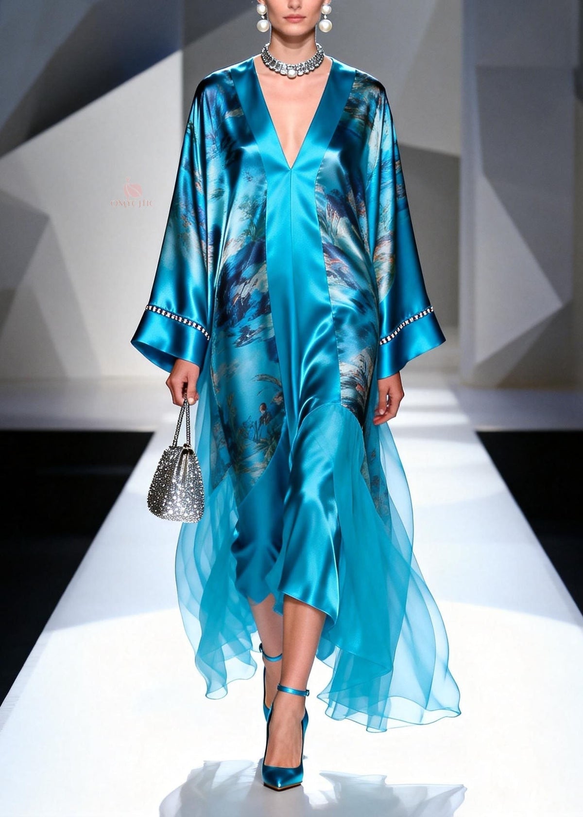 Satin Abstract Landscape Print Deep V-Neck Bell Sleeve Maxi Gown