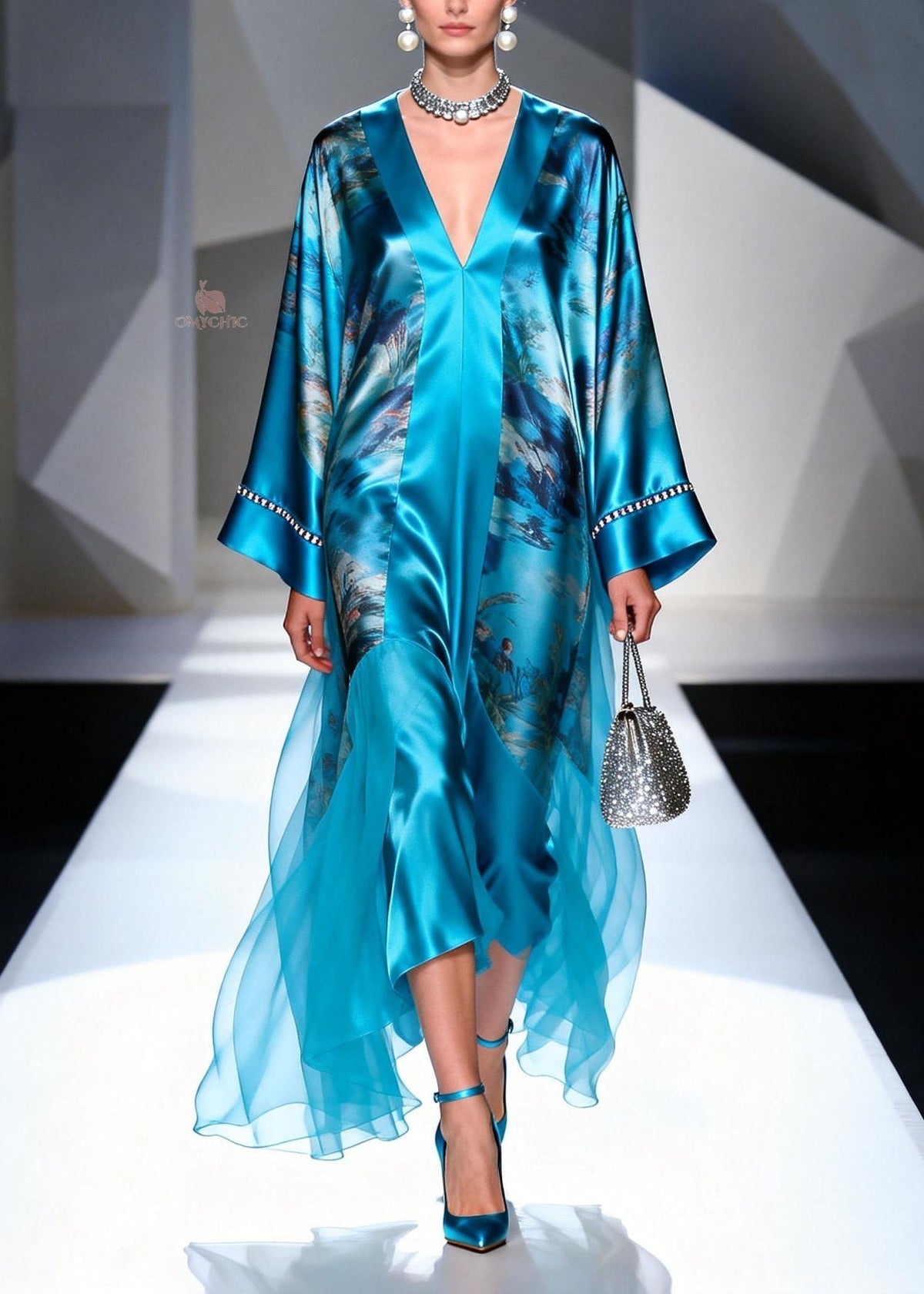 Satin Abstract Landscape Print Deep V-Neck Bell Sleeve Maxi Gown - View 3