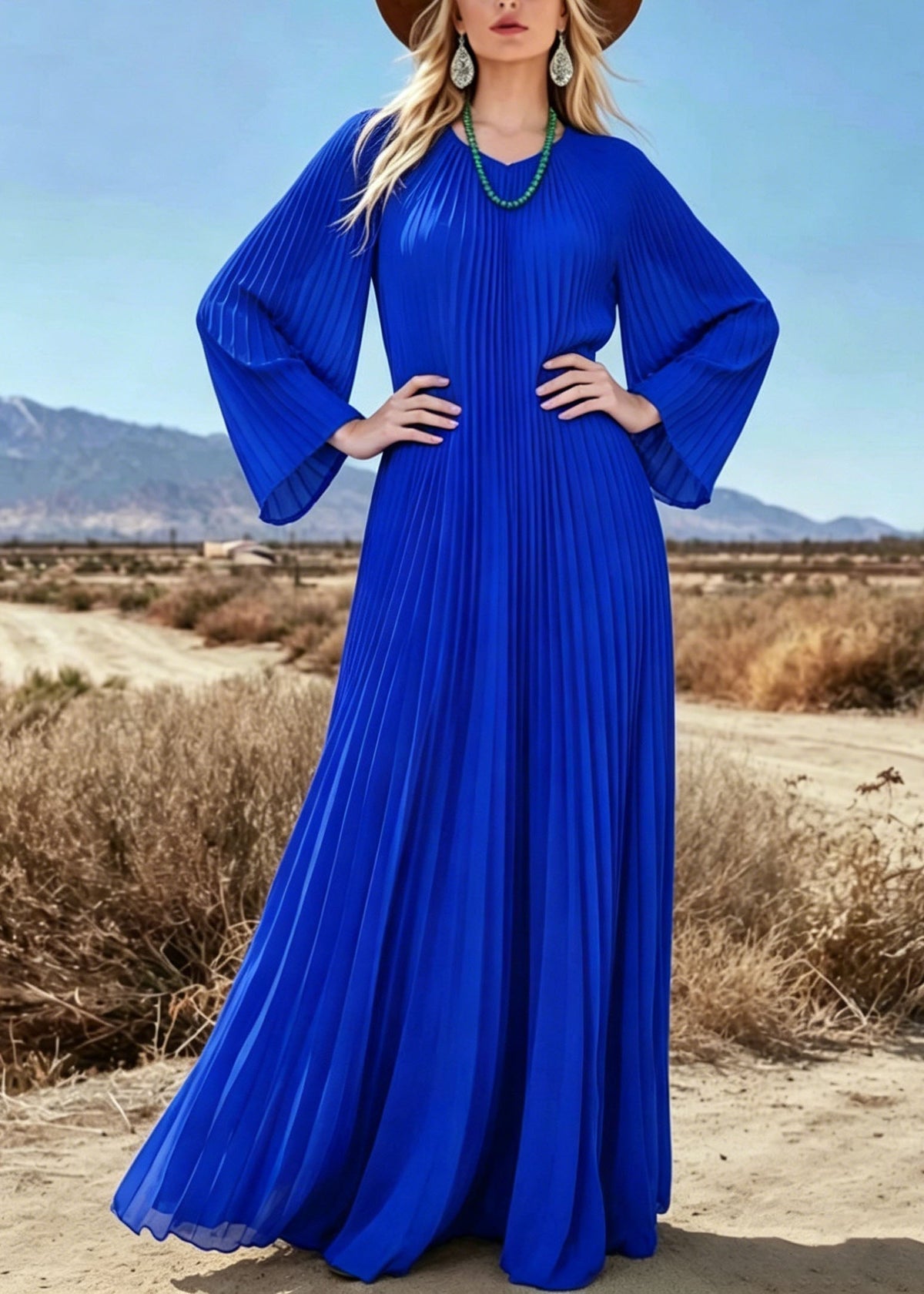 Chiffon Pleated Round Neck Bell Sleeve Flowy Maxi Dress - View 5