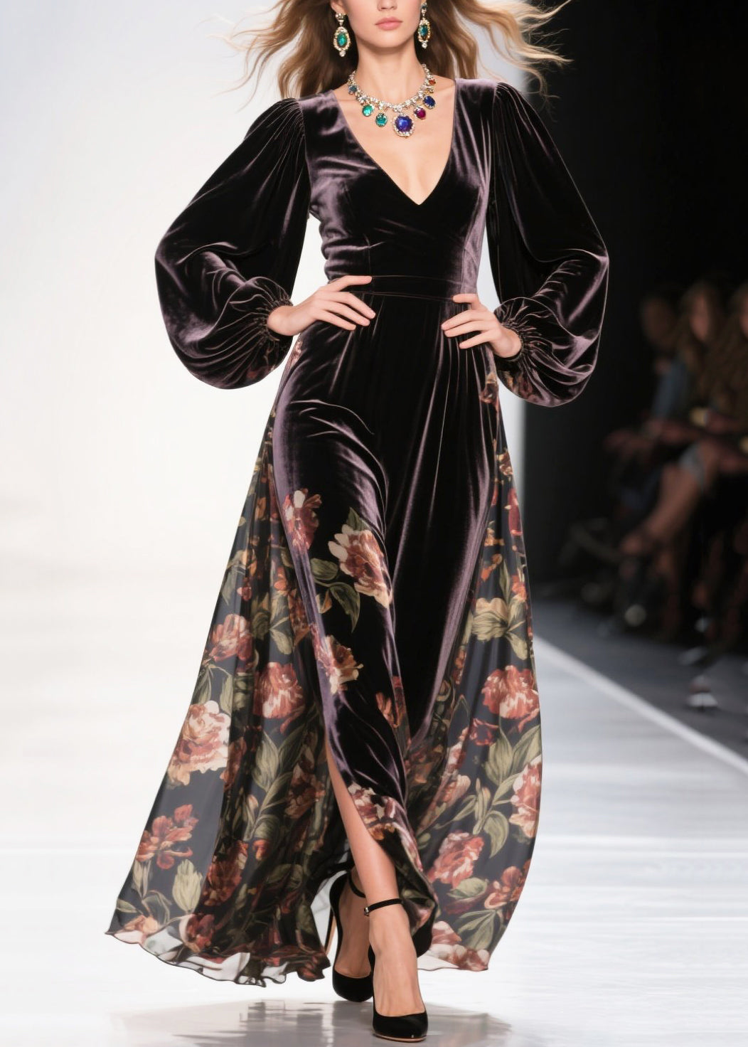 Velvet Deep V-Neck Balloon Sleeve Paneled Maxi Gown - View 5