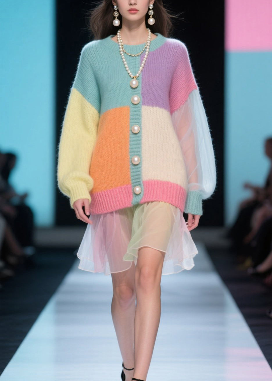 Colorblock Knit Pearl Button Tulle Ruffle Hem Mini Dress