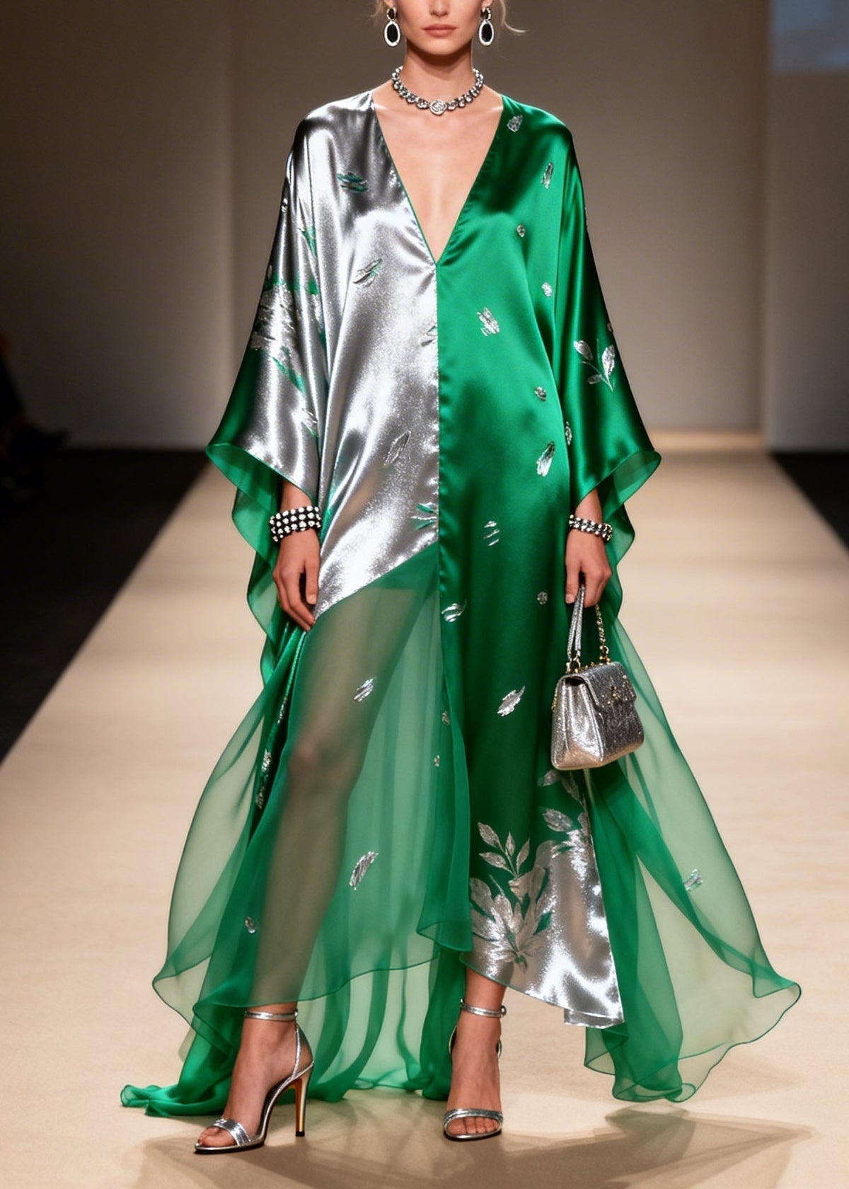 Metallic Floral Applique Asymmetric V-Neck Sheer Tiered Maxi Gown