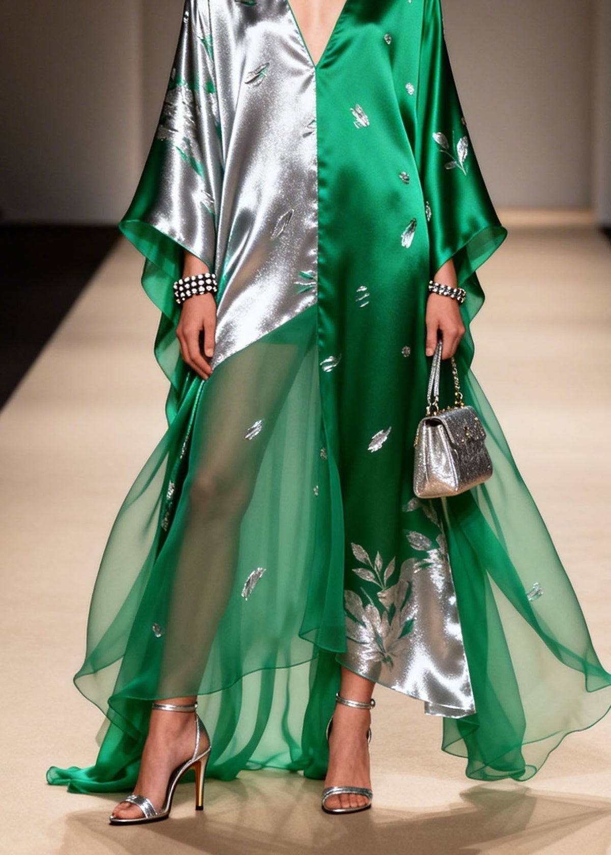 Metallic Floral Applique Asymmetric V-Neck Sheer Tiered Maxi Gown - View 4