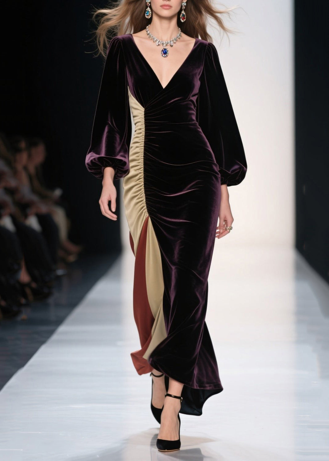 Velvet Wrap V-Neck Bishop Sleeve Ruched Side High Split Maxi Gown - View 3