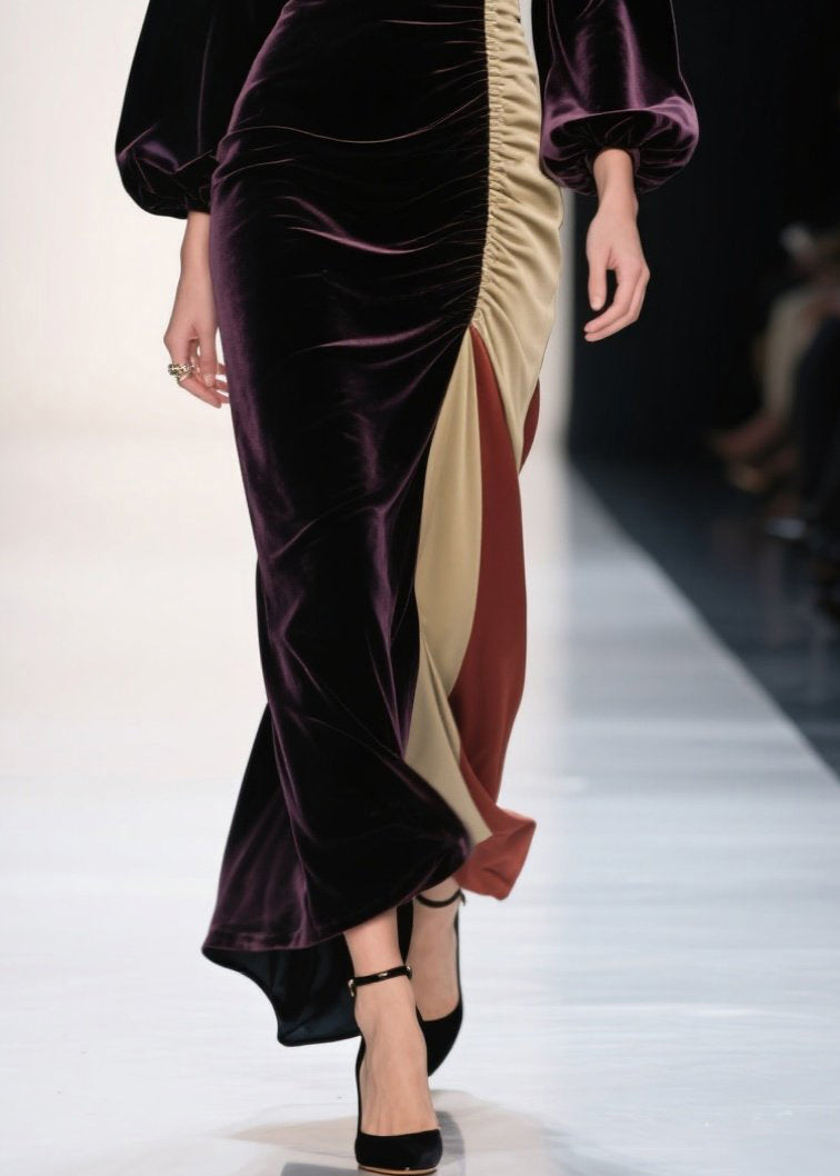 Velvet Wrap V-Neck Bishop Sleeve Ruched Side High Split Maxi Gown - View 4