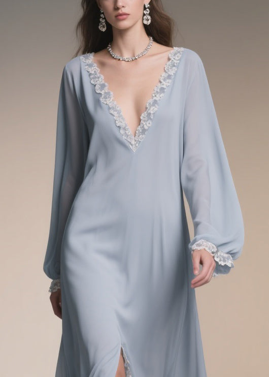 Chiffon Deep V-Neck Lantern Sleeve Lace Trim High Split Maxi Gown - View 2