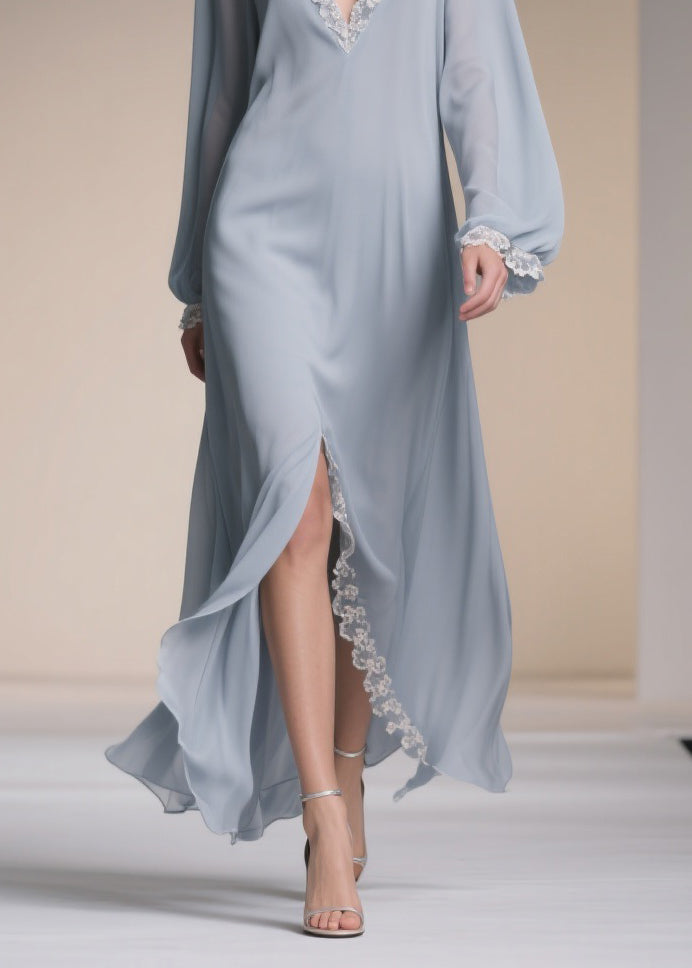 Chiffon Deep V-Neck Lantern Sleeve Lace Trim High Split Maxi Gown - View 4