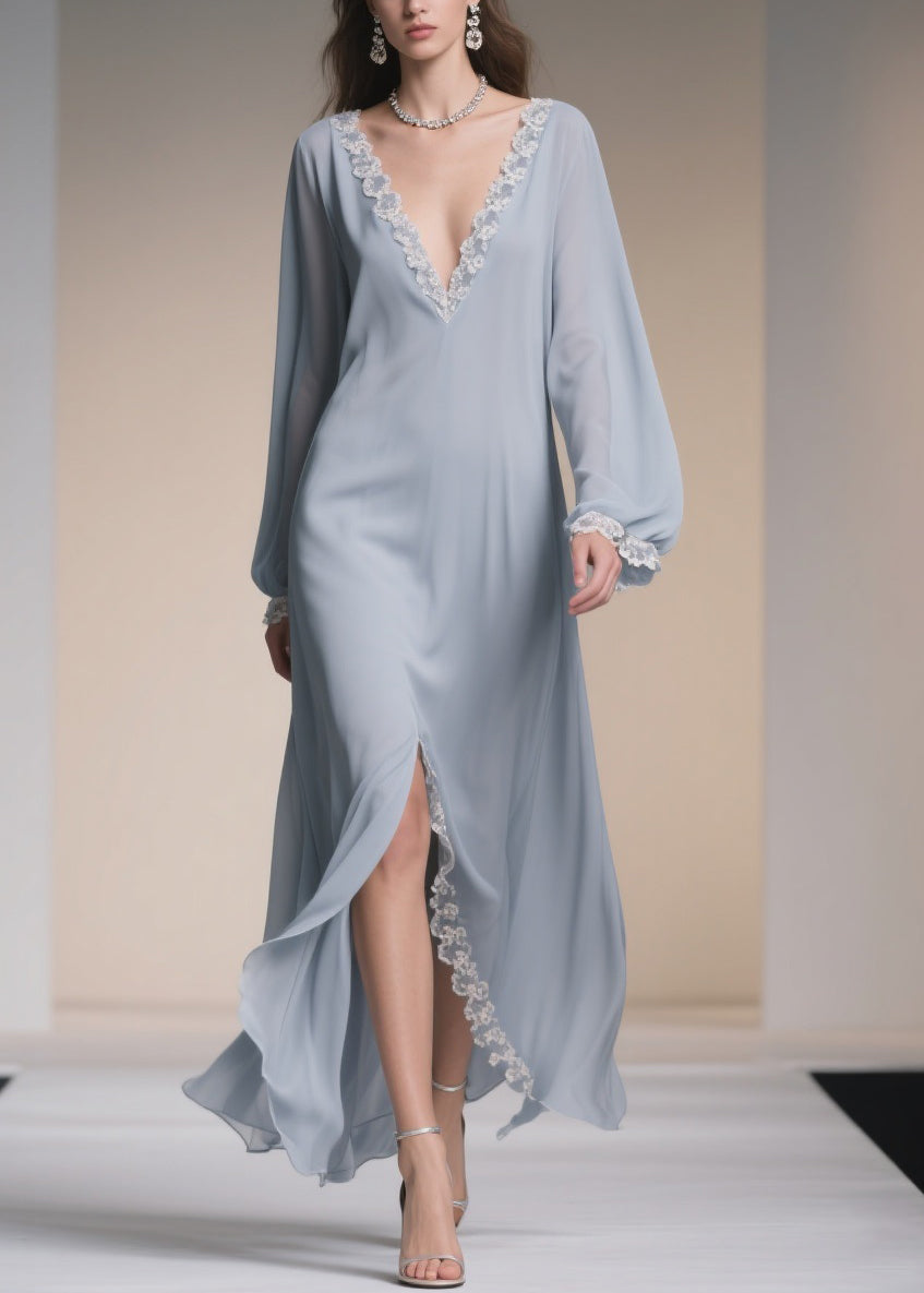 Chiffon Deep V-Neck Lantern Sleeve Lace Trim High Split Maxi Gown - View 5