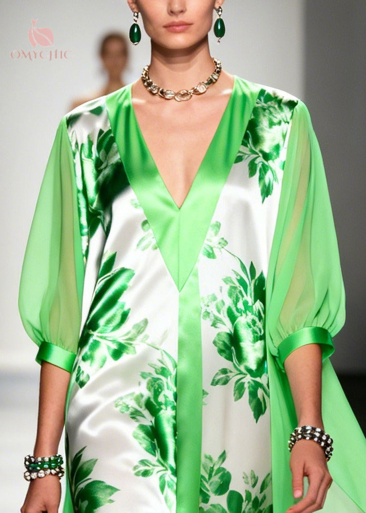 Floral Print Satin Deep V-Neck Sheer Cape Bishop Sleeve Maxi Gown - View 2