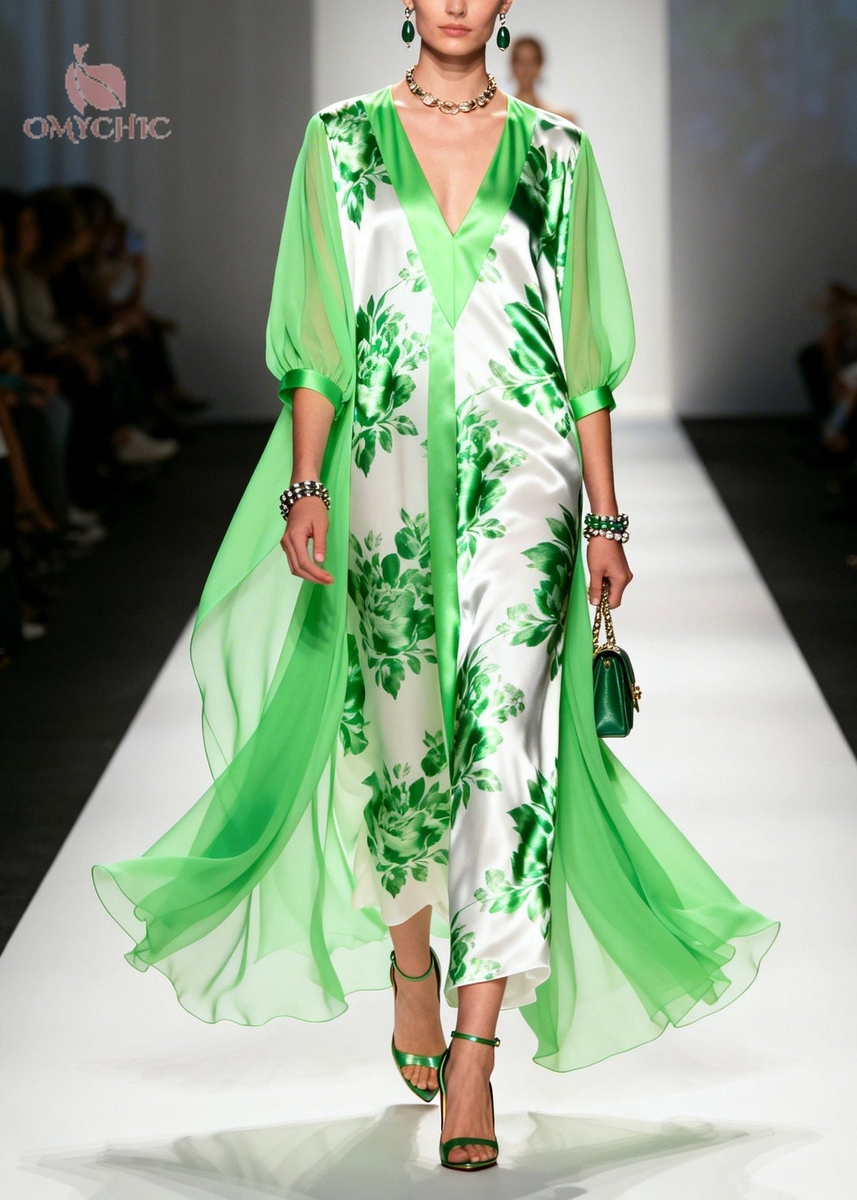 Floral Print Satin Deep V-Neck Sheer Cape Bishop Sleeve Maxi Gown - View 3