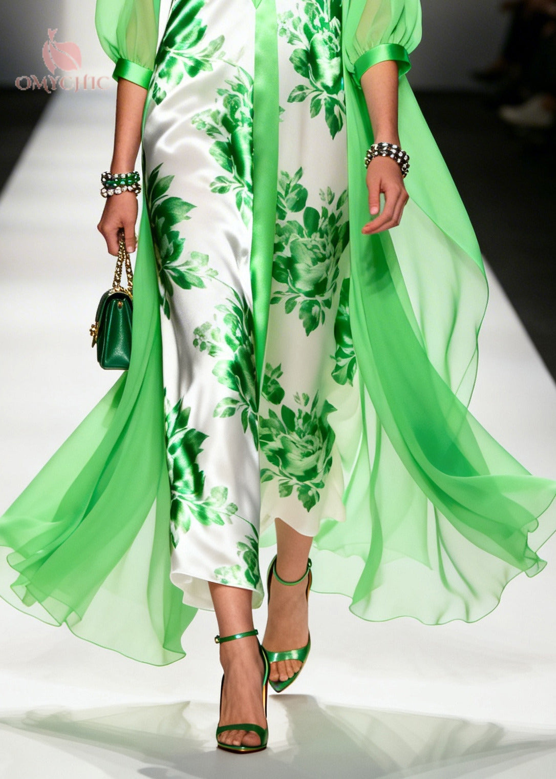 Floral Print Satin Deep V-Neck Sheer Cape Bishop Sleeve Maxi Gown - View 4