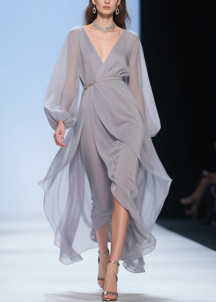 Chiffon Wrap Deep V-Neck Balloon Sleeve Beaded Belt High Low Maxi Gown - View 3
