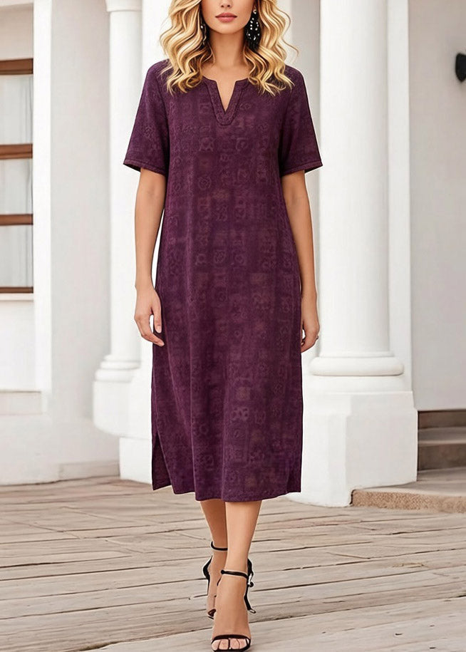 Geometric Print Split Neck Short Sleeve Side Slit Shift Midi Dress - View 3